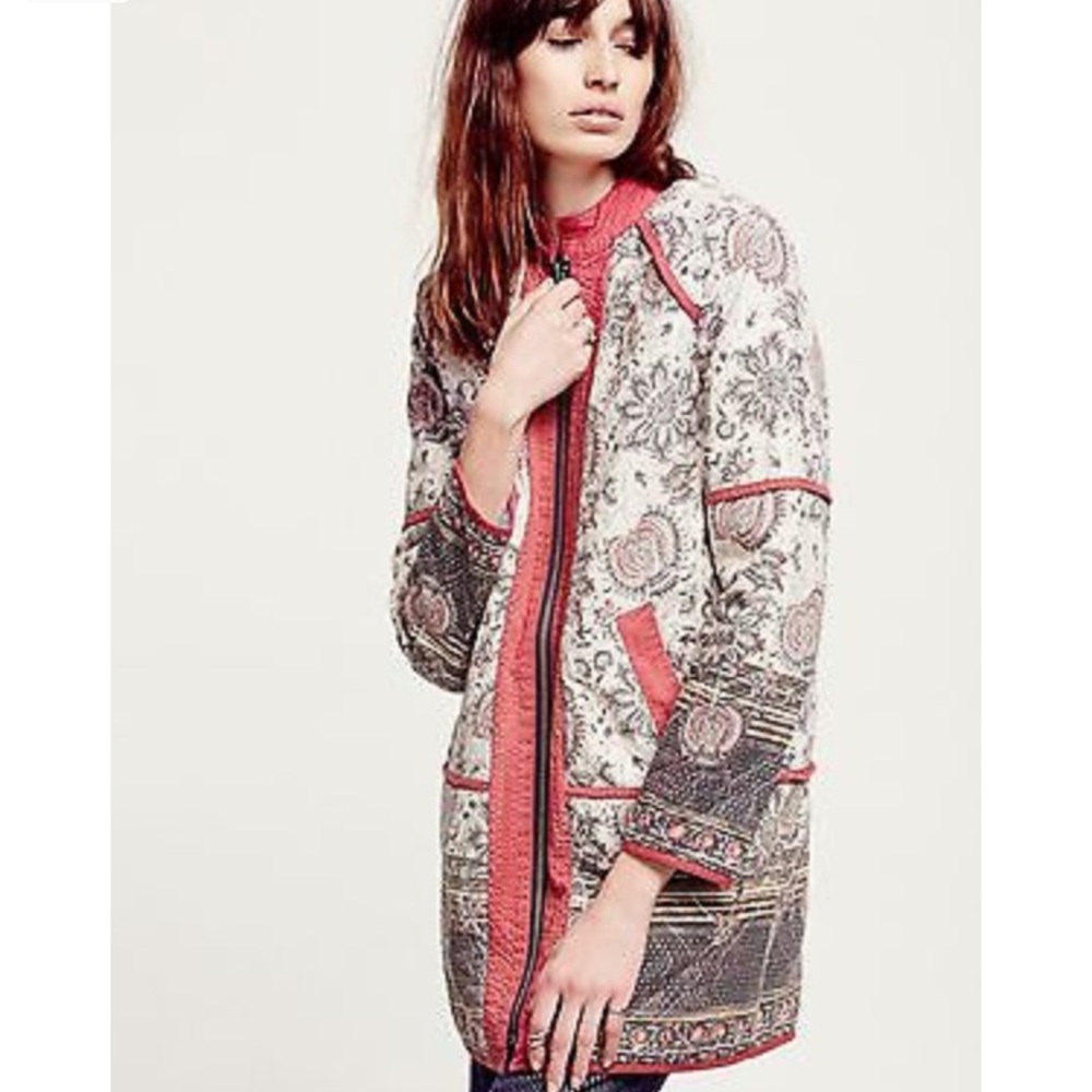 Free People Red and Gray Patterned Coat